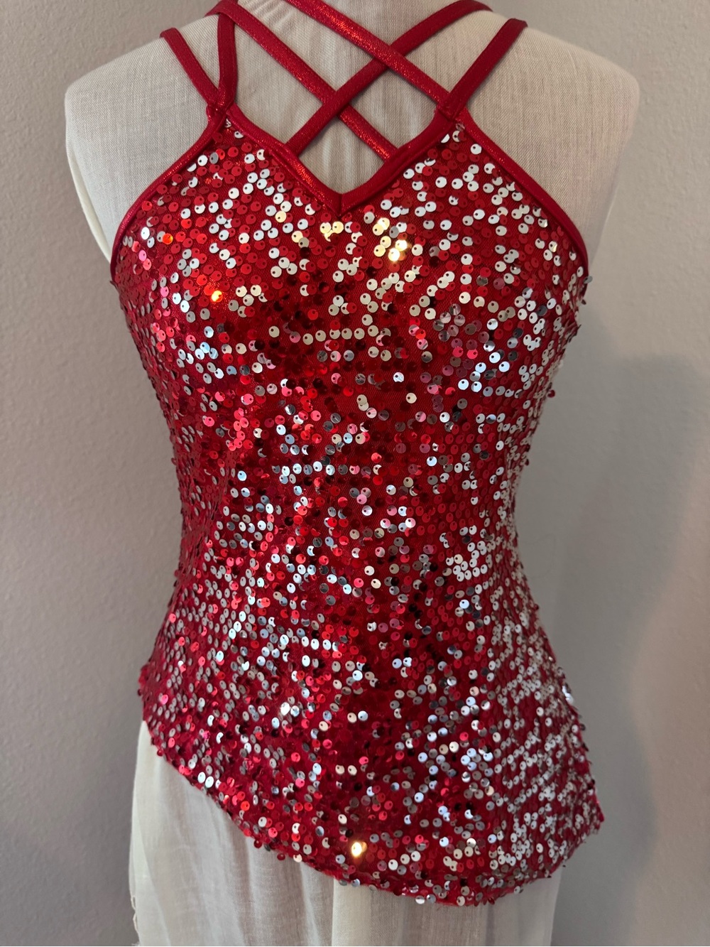 Red Sequin Strapless Dance Top with Crisscross Halter Straps